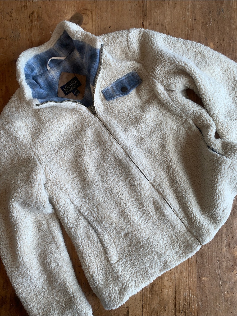 Pendleton Cream Sherpa Zip Jacket with Blue Chest Flap